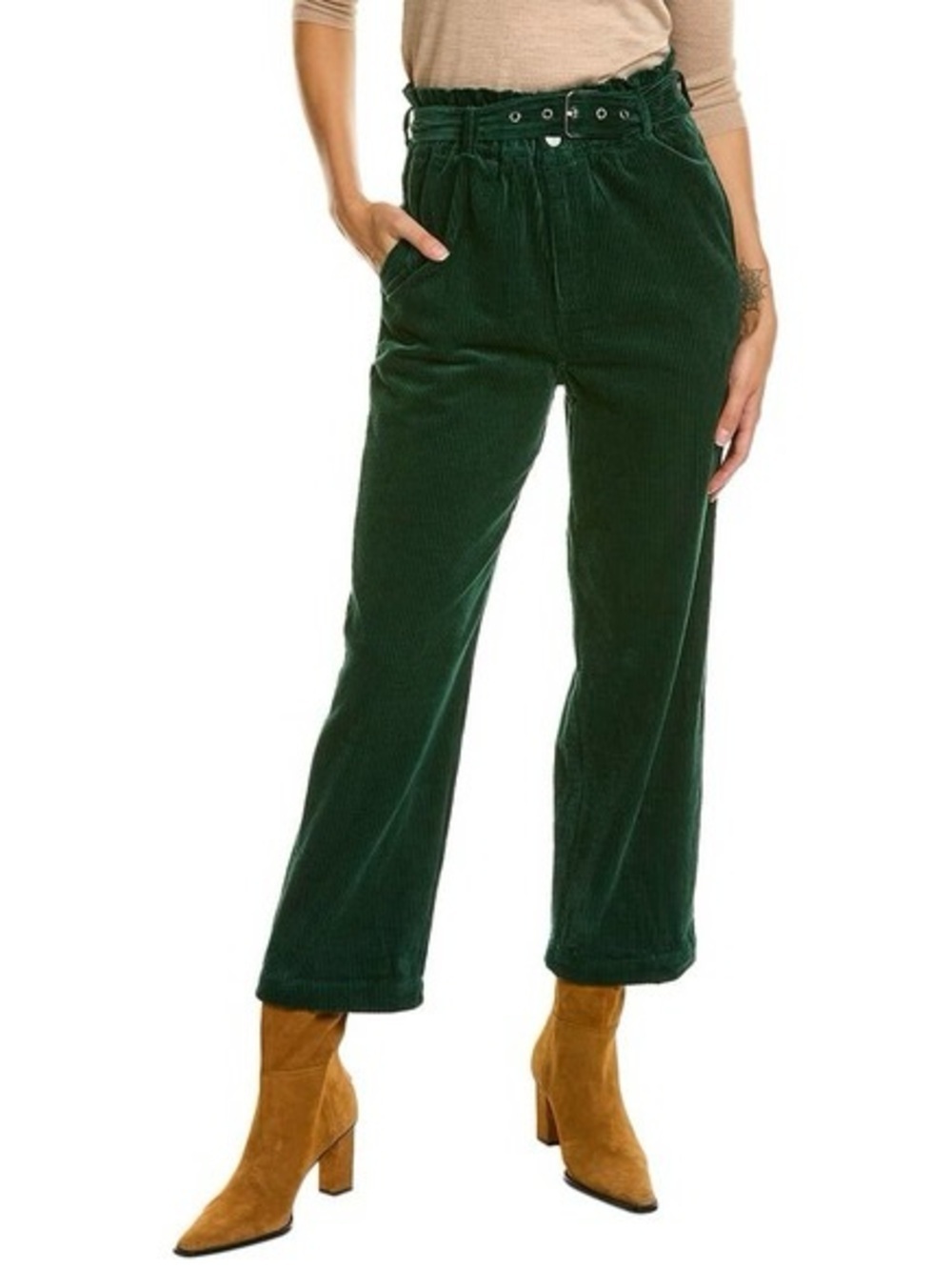 Blank NYC green corduroy straight-leg pants high-rise paperbag waist 25